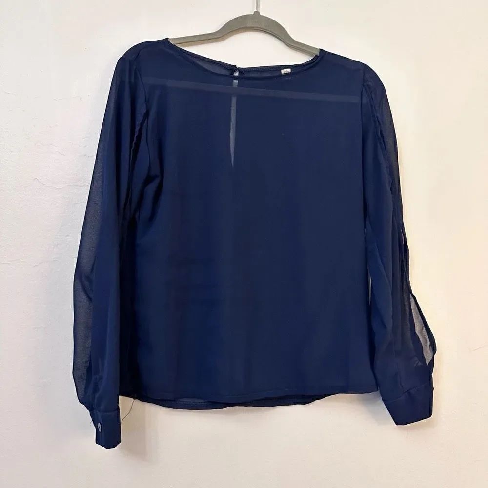 Yi Lu Sheer Blouse Chiffon Scoop Neck Long Sleeve Navy Blue Large